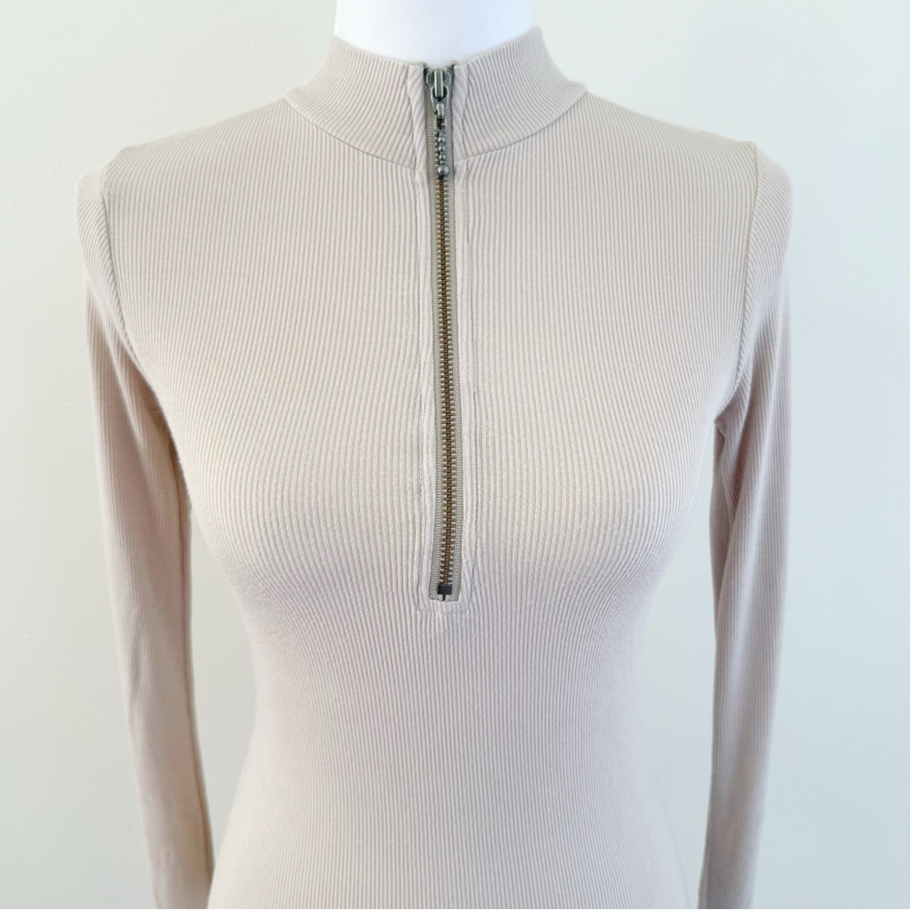 JOAH BROWN BEIGE TAN RIBBED HALF ZIP MOCK NECK LONG SLEEVE TOP - Picture 5 of 13